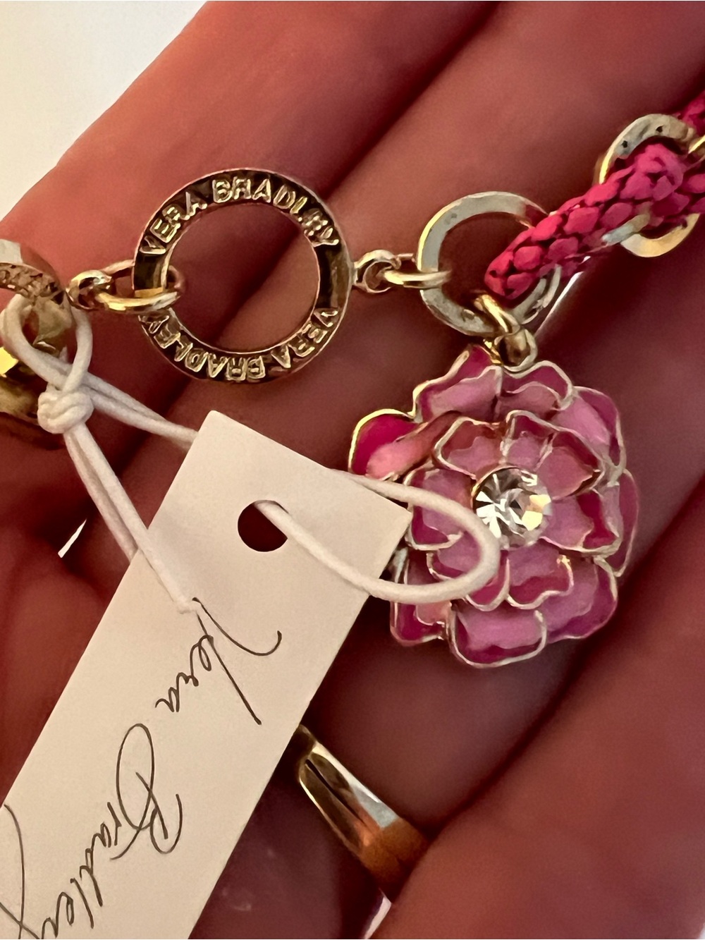 NWT Vera Bradley Hot Pink Braided Chain Bracelet with Flower Charm - Picture 6 of 7